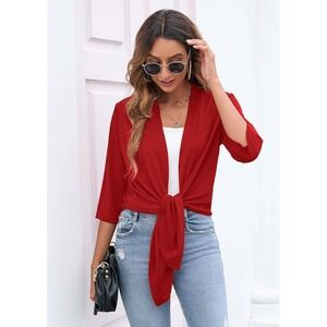 Lightweight Drape Cardigan – Open‎ Front 3/4 Sleeve Red Small